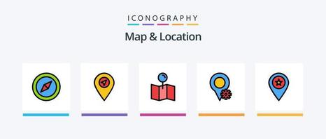 el mapa y la línea de ubicación llenaron el paquete de 5 iconos, incluida la ubicación. puntero. ubicación. mapa. más. diseño de iconos creativos vector