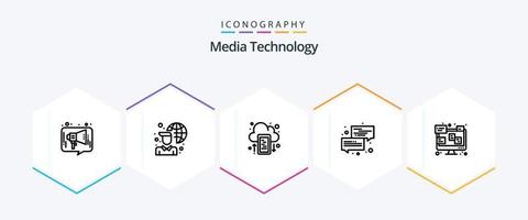 paquete de iconos de 25 líneas de tecnología de medios que incluye chat. diálogo. red. conversación. subir vector