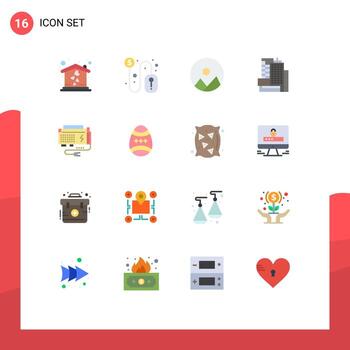 paquete de color plano de interfaz de usuario de 16 de signos y símbolos modernos de fuente computadora naturaleza batería oficina paquete editable de elementos creativos de diseño de vectores