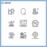 Group of 9 Modern Outlines Set for web development web content usb coding network Editable Vector Design Elements