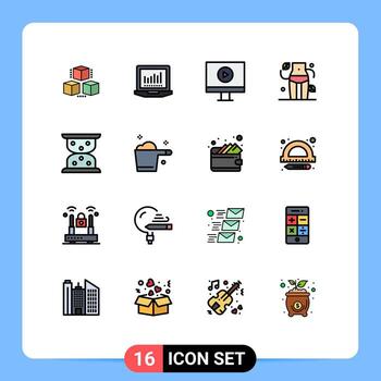 conjunto moderno de 16 líneas y símbolos rellenos de colores planos, como limpieza, carga, jugador, reloj de arena, bienestar, elementos de diseño de vectores creativos editables