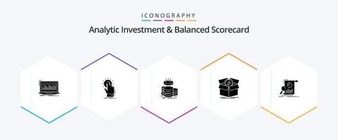 Analytic Investment And Balanced Scorecard 25 Glyph icon pack including productivity. upload. on. savings. gold vector
