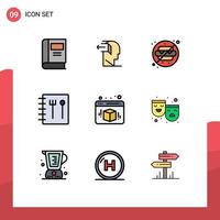 Pack of 9 Modern Filledline Flat Colors Signs and Symbols for Web Print Media such as web box release recipe park Editable Vector Design Elements