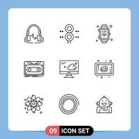 Group of 9 Modern Outlines Set for cloud tape transportation record cassette Editable Vector Design Elements