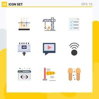 Pack of 9 Modern Flat Colors Signs and Symbols for Web Print Media such as connection chat file video board Editable Vector Design Elements