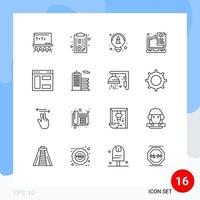 Pack of 16 Modern Outlines Signs and Symbols for Web Print Media such as internet coding creative laptop document Editable Vector Design Elements