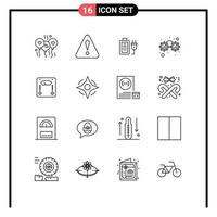 Universal Icon Symbols Group of 16 Modern Outlines of weight scale charge machine glasses Editable Vector Design Elements