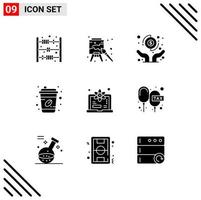 9 Thematic Vector Solid Glyphs and Editable Symbols of learn computer hands takeout coffee cup Editable Vector Design Elements