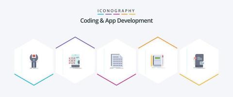 Coding And App Development 25 Flat icon pack including notepad. book. development. document. coding vector