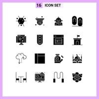 Pack of 16 Modern Solid Glyphs Signs and Symbols for Web Print Media such as computer travel artificial footwear flip Editable Vector Design Elements