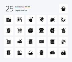 Supermarket 25 Solid Glyph icon pack including food. cosmetics. alcoholic. cosmetic. candy vector