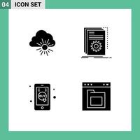 Modern Set of 4 Solid Glyphs Pictograph of cloud click mobile sun developer mobile Editable Vector Design Elements