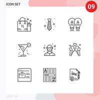 Modern Set of 9 Outlines Pictograph of glass beverage fashion light solution Editable Vector Design Elements