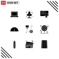 Modern Set of 9 Solid Glyphs Pictograph of monitor technology certificate internet gauge Editable Vector Design Elements