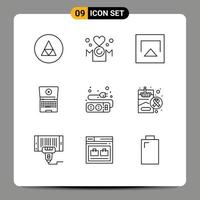 Pictogram Set of 9 Simple Outlines of plug tecnology love computing play Editable Vector Design Elements