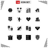 Modern Set of 16 Solid Glyphs and symbols such as hotel home technology building district Editable Vector Design Elements