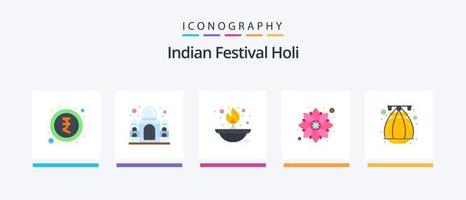 Holi Flat 5 Icon Pack Including pot. party. fire. rangoli. decoration. Creative Icons Design vector