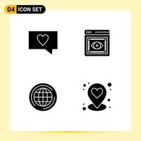 Mobile Interface Solid Glyph Set of 4 Pictograms of like big eye web heart Editable Vector Design Elements