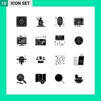 Pack of 16 Modern Solid Glyphs Signs and Symbols for Web Print Media such as finance business hotdog upload computer Editable Vector Design Elements