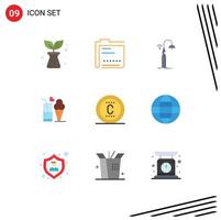 Mobile Interface Flat Color Set of 9 Pictograms of cone glass lights juice technology Editable Vector Design Elements