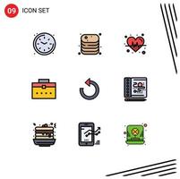 Pictogram Set of 9 Simple Filledline Flat Colors of reload interface shop user bag Editable Vector Design Elements