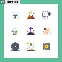 Mobile Interface Flat Color Set of 9 Pictograms of graveyard cross healthcare technology cloud Editable Vector Design Elements