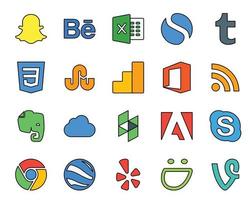 paquete de 20 íconos de redes sociales que incluye google earth chat office skype houzz vector