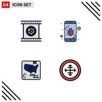 Pack of 4 Modern Filledline Flat Colors Signs and Symbols for Web Print Media such as camera lenses american photographic objective mobile map Editable Vector Design Elements