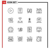 User Interface Pack of 16 Basic Outlines of device heart message love communication Editable Vector Design Elements