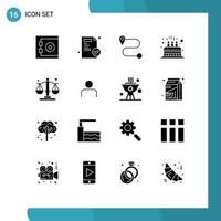 Group of 16 Solid Glyphs Signs and Symbols for profile instagram cake law balance Editable Vector Design Elements