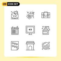 Universal Icon Symbols Group of 9 Modern Outlines of display web backpack tab browser Editable Vector Design Elements