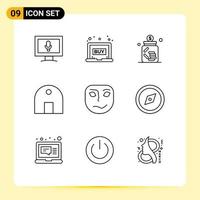 Pictogram Set of 9 Simple Outlines of cheerful mosque business islamic building building Editable Vector Design Elements