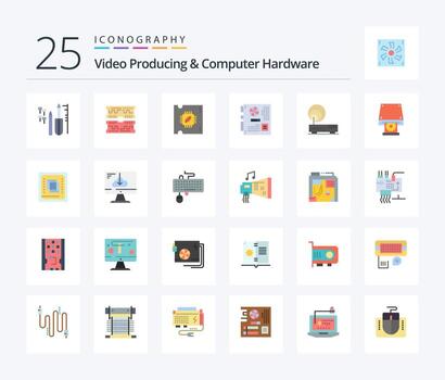 paquete de iconos de 25 colores planos de producción de video y hardware de computadora que incluye conexión. madre. UPC. placa base computadora vector