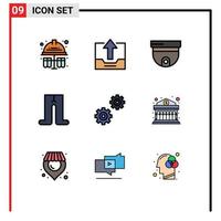 Pack of 9 creative Filledline Flat Colors of gears tights upload clothes surveillance Editable Vector Design Elements