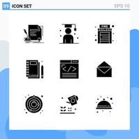 Set of 9 Commercial Solid Glyphs pack for writing notepad scholar notebook house Editable Vector Design Elements