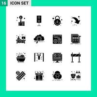 Modern Set of 16 Solid Glyphs Pictograph of desk clerk technology down right arrow Editable Vector Design Elements