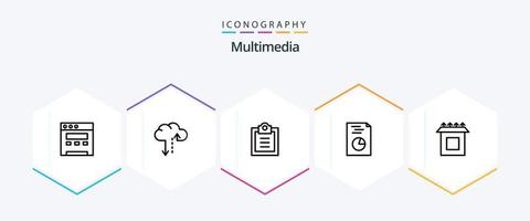 paquete de iconos multimedia de 25 líneas que incluye . analítica. . instalar vector