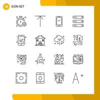 Pictogram Set of 16 Simple Outlines of server hosting phone files iphone Editable Vector Design Elements