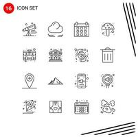 Group of 16 Outlines Signs and Symbols for suitcase business calendar services food ingredient Editable Vector Design Elements