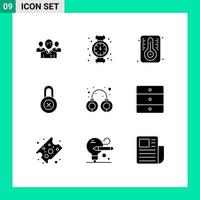 User Interface Pack of 9 Basic Solid Glyphs of criminal private mechanical lock temperature Editable Vector Design Elements