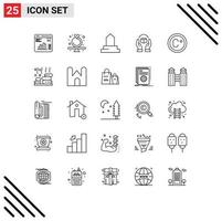 Modern Set of 25 Lines Pictograph of responsibility handle gavel caring mosque Editable Vector Design Elements