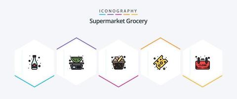 paquete de íconos de 25 líneas rellenas de comestibles que incluye tablero. pedazo de queso. carro. alimento. elementos vector