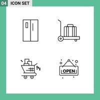 Mobile Interface Line Set of 4 Pictograms of appliances seo refrigerator luggage open Editable Vector Design Elements