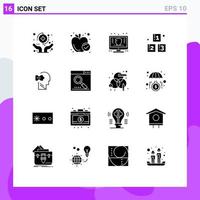 Pack of 16 Modern Solid Glyphs Signs and Symbols for Web Print Media such as school blocks healthy food abc money Editable Vector Design Elements