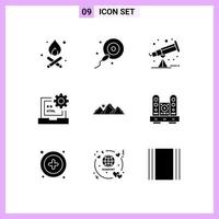 Group of 9 Solid Glyphs Signs and Symbols for mountain landscape telescope hill development Editable Vector Design Elements