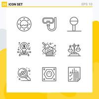 Pack of 9 Modern Outlines Signs and Symbols for Web Print Media such as research business evaluation child stock investment Editable Vector Design Elements