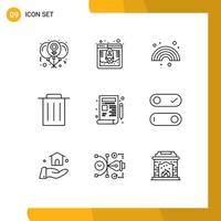 Mobile Interface Outline Set of 9 Pictograms of design trash web hosting recycle rainbow Editable Vector Design Elements