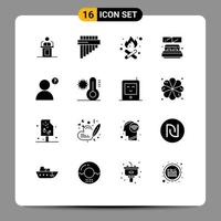 Solid Glyph Pack of 16 Universal Symbols of anonymous room instrument hotel fire place Editable Vector Design Elements