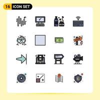 Group of 16 Flat Color Filled Lines Signs and Symbols for champagne type cosmetics keys hardware Editable Creative Vector Design Elements