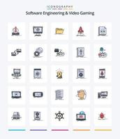 paquete de iconos llenos de 25 líneas de ingeniería de software creativo y videojuegos, como archivo. código. archivos publicar. lanzadera vector